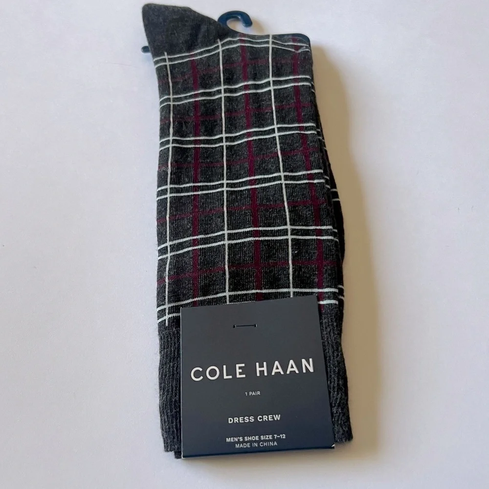 COLE HAAN MENS COTTON BLEND DRESS SO KS WINDOWPANE CHECK CHARCOAL RED WHITE NWT